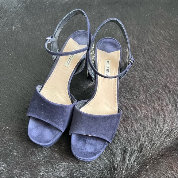 MIU MIU Navy Suede Crystal Block Heel Sandals Platforms Heels $1300 Retail 8.5 - Picture 5 of 6